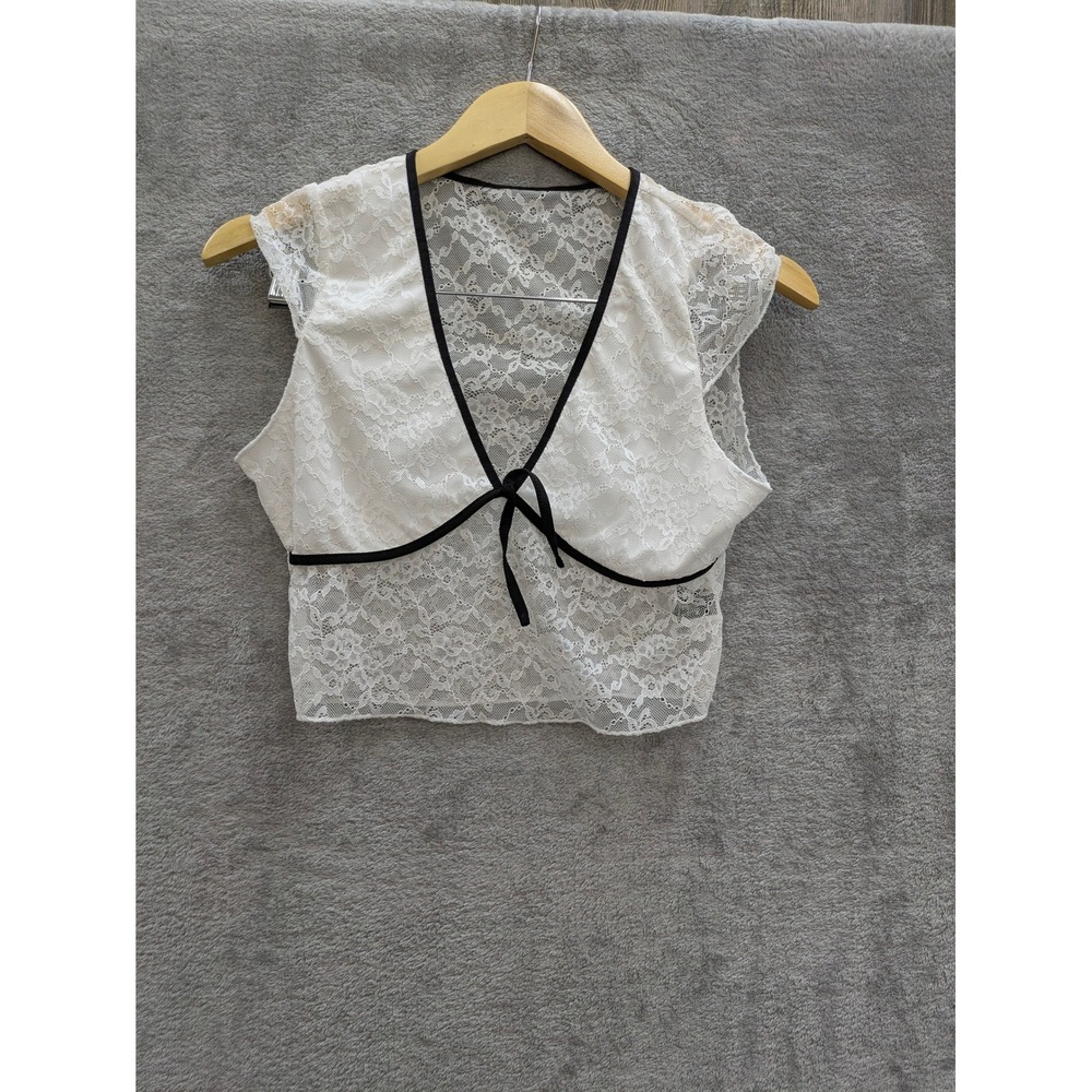 Coquette Lace Tie Front Vest Womens Medium White Black Trim Sheer Crop Top - Picture 1 of 7